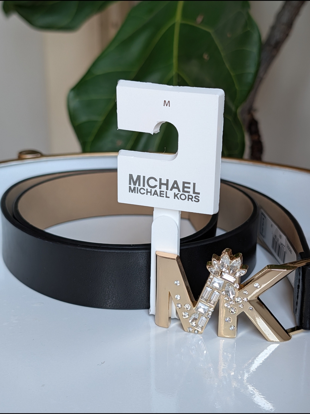 Michael Kors Black Leather Belt with Gold MK Crystal Buckle
